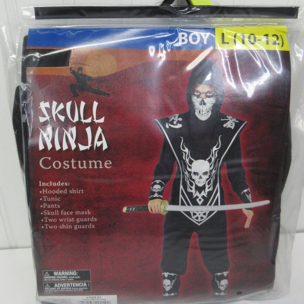 Skull Ninja Halloween Costume Boy Size L 10 12 Complete Set 6pc Black Silver New